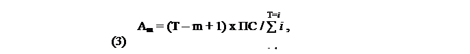 Подпись: T=i
Аm = (Т – m + 1) x ПС / ∑ i ,   					      (3)
i=1
